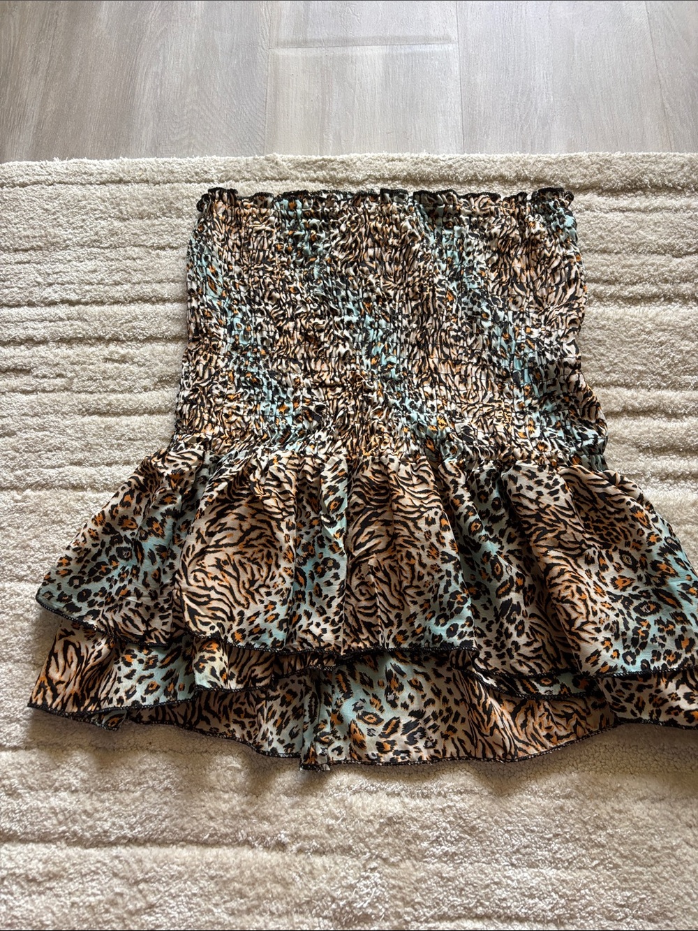 Tiered Animal Print Mini Skirt in Beige and Aqua
